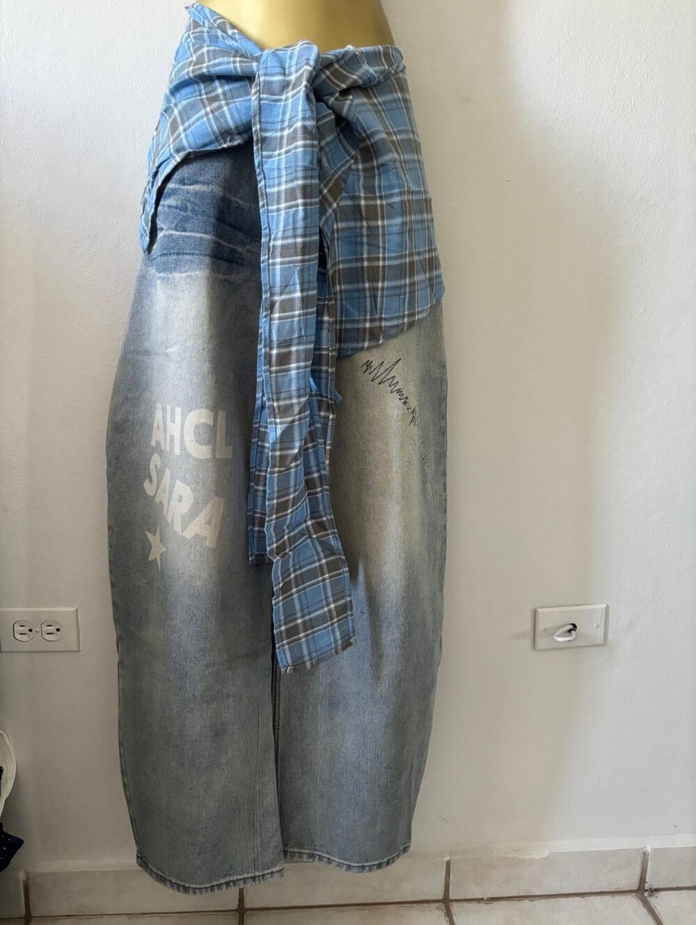 Light Wash Denim Maxi Skirt with Blue Plaid Tie Can Be Detached⁹